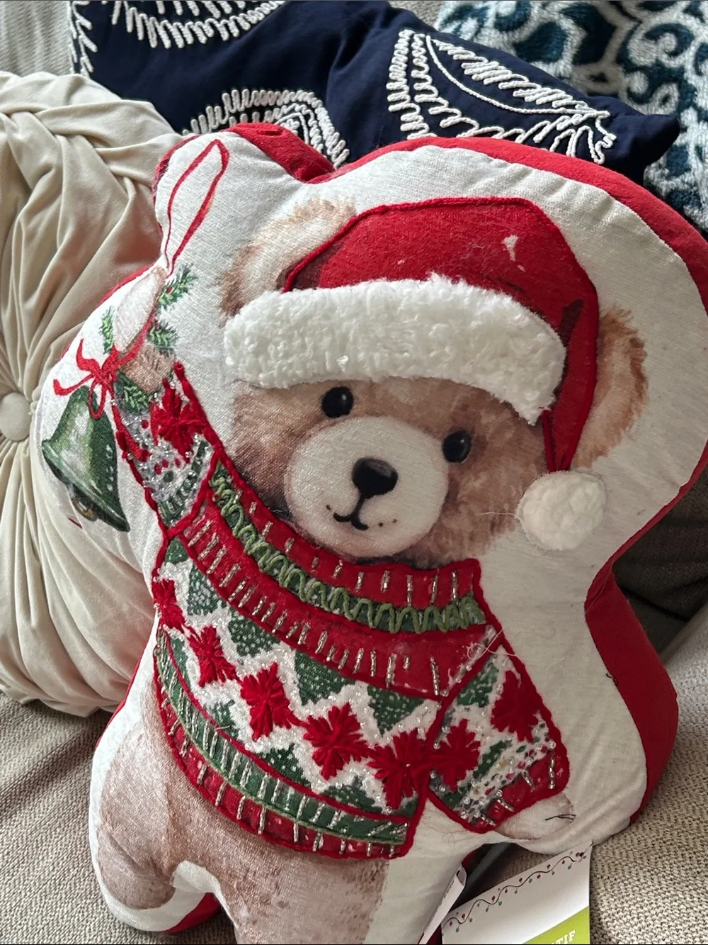 NWT! Vintage Inspired Christmas Holiday Teddy Bear Throw Pillow Beaded Sweater